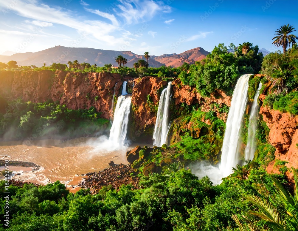 Fototapeta premium Ouzoud Waterfalls cascading over vibrant reddish cliffs amidst lush vegetation in Morocco