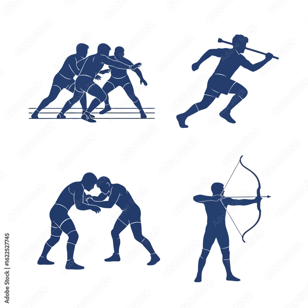 Obraz premium Vector art of silhouettes of athletes engaged in various sports like wrestling, running, and archery, showcasing diverse athletic activities and movements