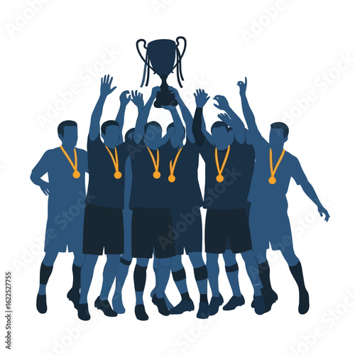 Vector art of a diverse team of athletes celebrates their victory, holding a championship trophy high above their heads, isolated on white background