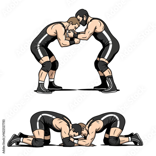 Vector art of two wrestlers locked in a closequarters grapple, demonstrating strength and technique in a competitive stance, isolated on white background