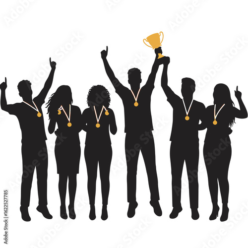 Vector art of a mixed group of men and women celebrate their championship win, raising a golden trophy in the air, isolated on white background