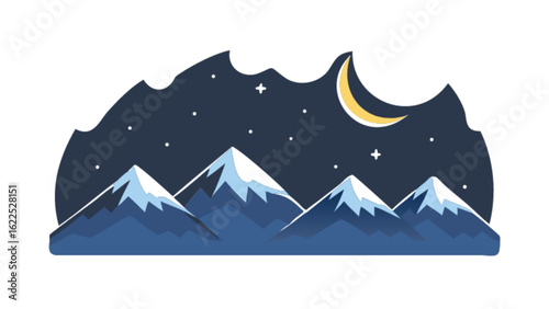 A captivating mountain range under a starry night sky with a crescent moon, showcasing the beauty and tranquility of nature isolated on white background