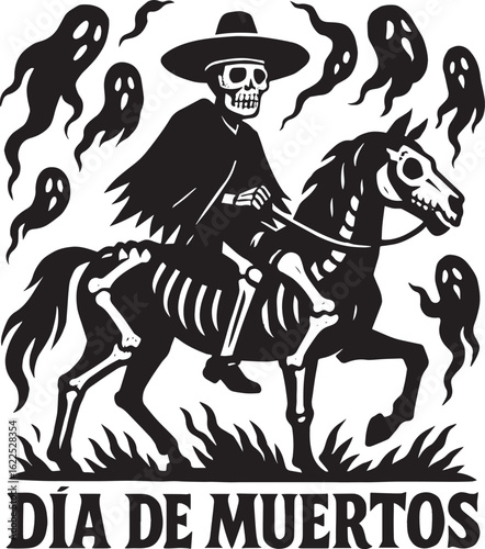 Skeleton horseman riding a skeleton horse, celebrating Dia de los Muertos
