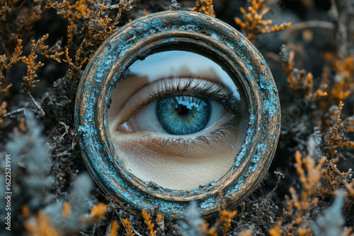 Blue eye peering through hole in ground.