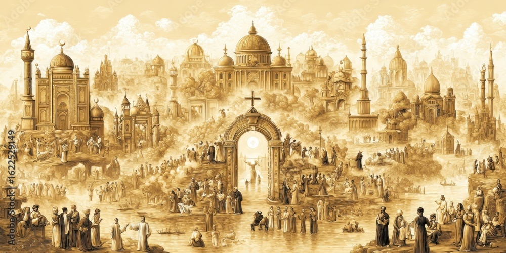 Fototapeta premium Cultural celebration in a historic city art illustration warm tones vibrant environment aerial view heritage exploration