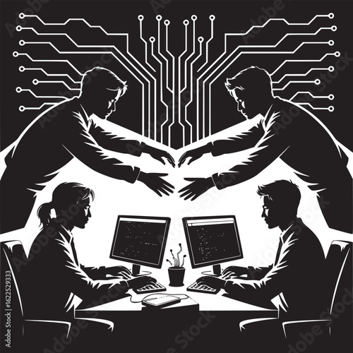 Silhouette illustration of developers coding with a network design in the background in black and white