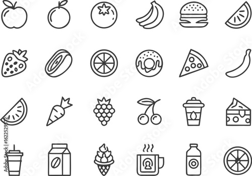 Minimal black line icons of fruits vegetables fast food and drinks arranged in a grid