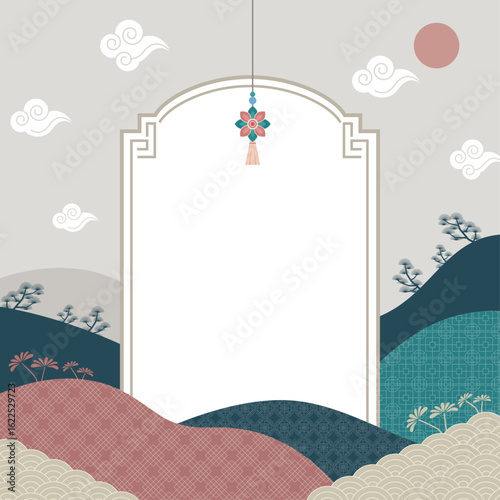 한국 전통 백그라운드_Korean Traditional Background Illustration with Knotted Ornament and Colorful Mountains