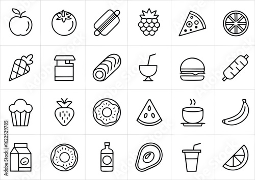 Minimalist black and white food and drink icons arranged in a grid apple tomato