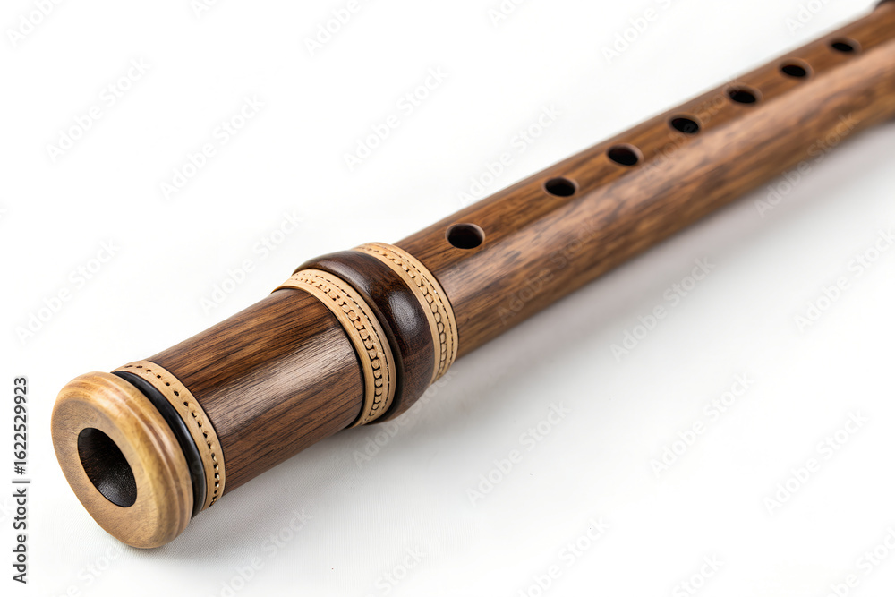 Naklejka premium Wooden flute with finger holes, musical instrument for folk music