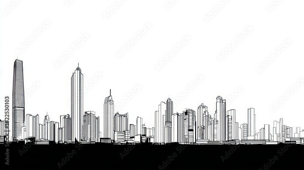 Fototapeta premium Black and White City Skyline Silhouette Line Art Style Illustration