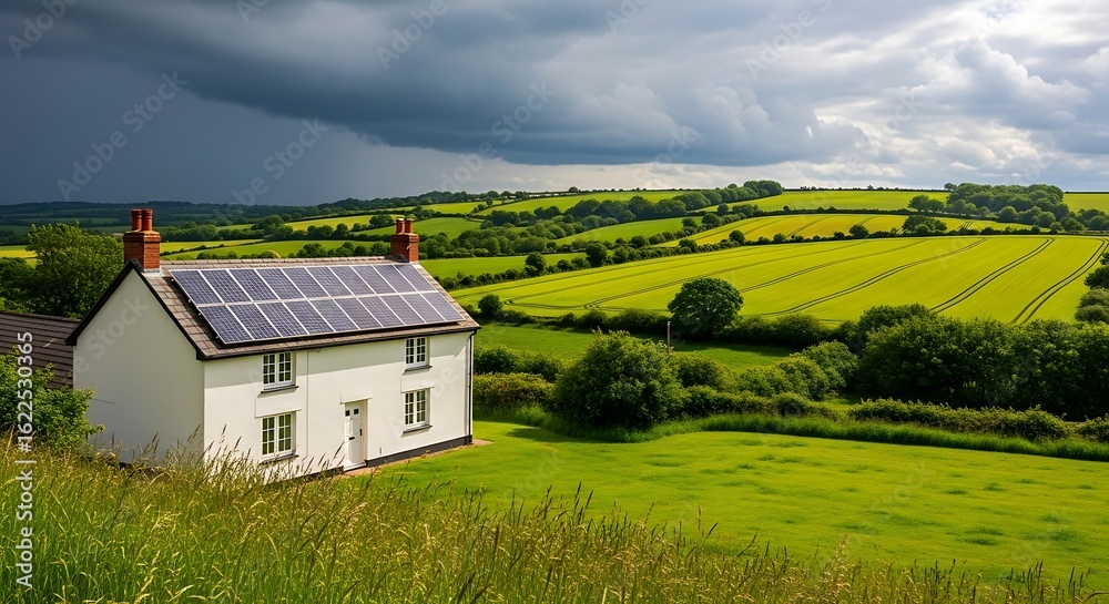 Obraz premium Sustainable Energy Home Installation Harnessing Solar Power on a Rural Property Under a Cloudy Sky