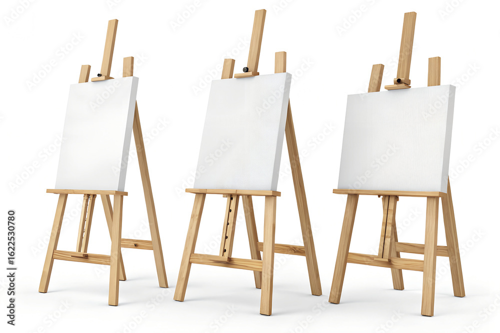 Three wooden easels with blank canvases, art studio equipment Three wooden easels with blank canvases, art studio equipment
