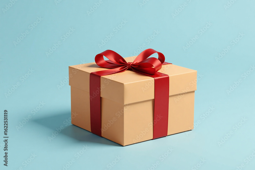 Obraz premium Brown gift box with red ribbon on blue background