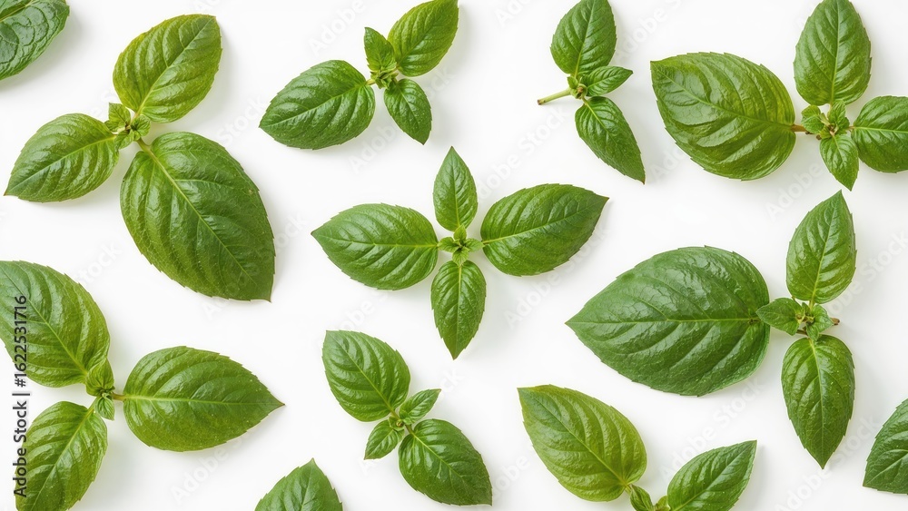 Variety of green basil leaf clusters isolated on a white background