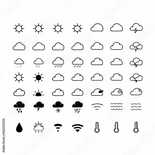 Minimilist collection of weather forecast icons including sun clouds rain snow and temperature in outline style vector