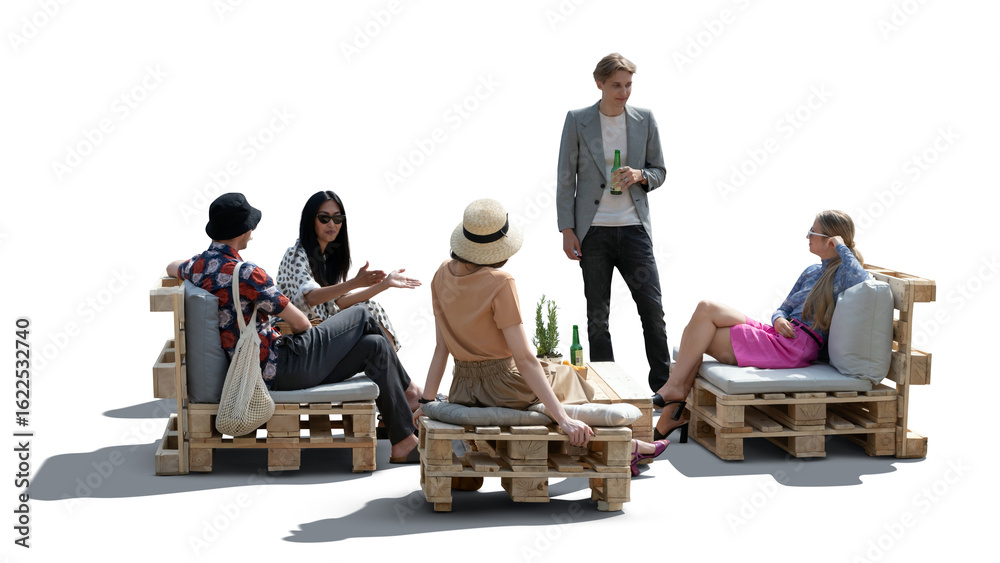 Obraz premium Group of trendy young people having a summer party in a hipster cafe with pallet furniture, isolated on transparent and white background