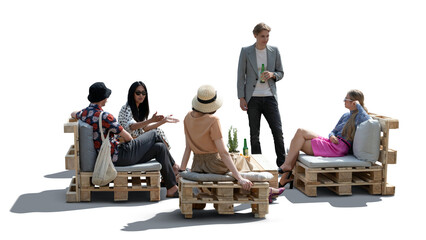 Group of trendy young people having a summer party in a hipster cafe with pallet furniture, isolated on transparent and white background