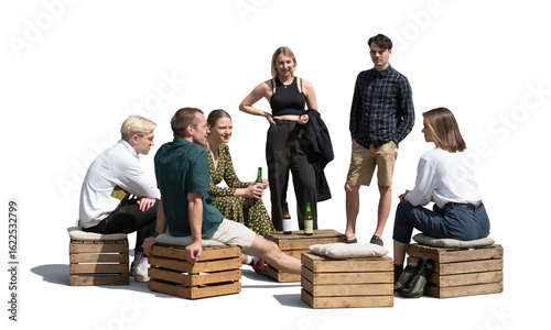 Photography Large group of friends sitting outside casually on wooden boxes and crates and t