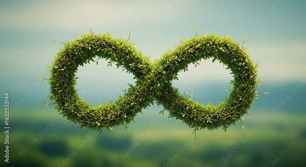 Obraz premium Green moss infinity symbol against a blurred natural background.