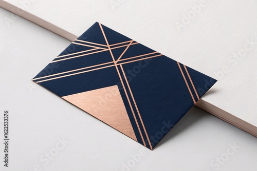 Modern Geometric Copper Foil Business Card Design with Dark Navy Blue and Textured Paper Elements