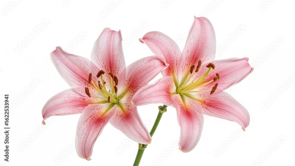 Fototapeta premium Double pink lily flowers shown on white