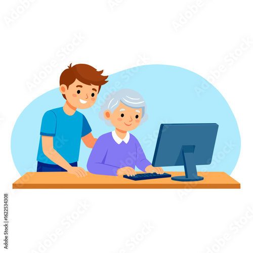 Flat vector illustration of a young man assisting an elderly woman with a computer. Concept of intergenerational support, digital education, and senior technology learning.

