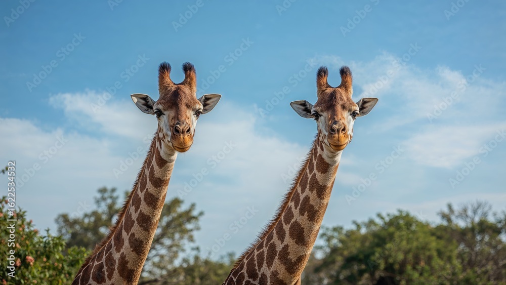 Fototapeta premium A pair of graceful giraffes glance back under a bright azure sky