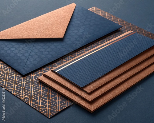 Elegant Dark Blue Navy Stationery Suite with Glittering Rose Gold Geometric Accents and Textured Paper Elements for a Sophisticated Business Presentation Mockup