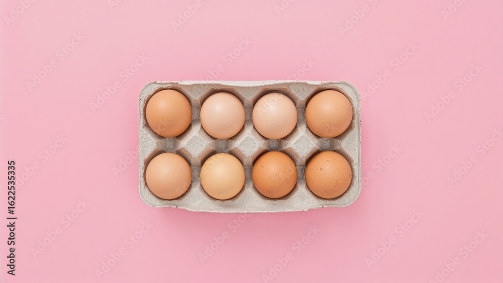 Natural eggs aligned in an egg carton on a gentle pink background. Waste reduction concept. Flat lay composition. Natural eggs aligned in an egg carton on a gentle pink background. Waste reduction concept. Flat lay composition.