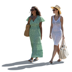 Two beautiful women in summer resort walking, isolated on transparent and white background