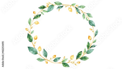 A circular wreath of watercolor leaves with gold accents, exuding artistic charm and harmony.