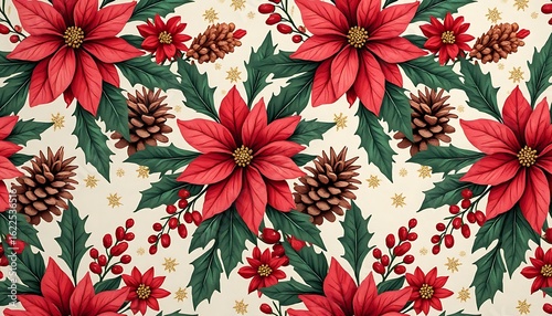 Poinsettia Flower and Pine Cone Festive Pattern for Backgrounds