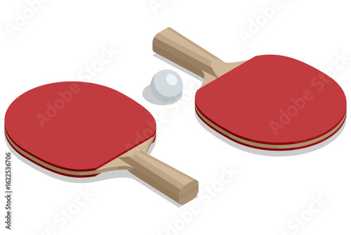 An isometric illustration of a table tennis game, with a blue table, net, and a paddle with a ball ready for a serve, symbolizing the start of a match