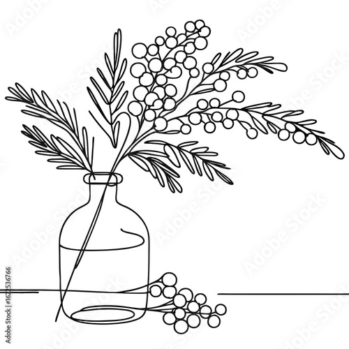 Line art illustration of a vase with mimosa, gift for Women's Day 