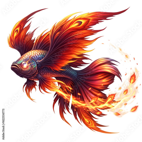 Vibrant fantasy fish with fiery wings and tail
