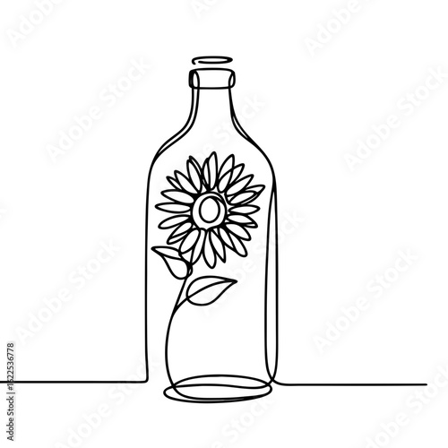 Single-line drawing of a sunflower inside a glass bottle  