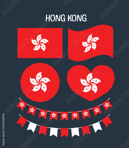 A complete collection of Hong Kong flags in various shapes and styles. Ideal for cultural projects, educational materials, symbols, or international design themes