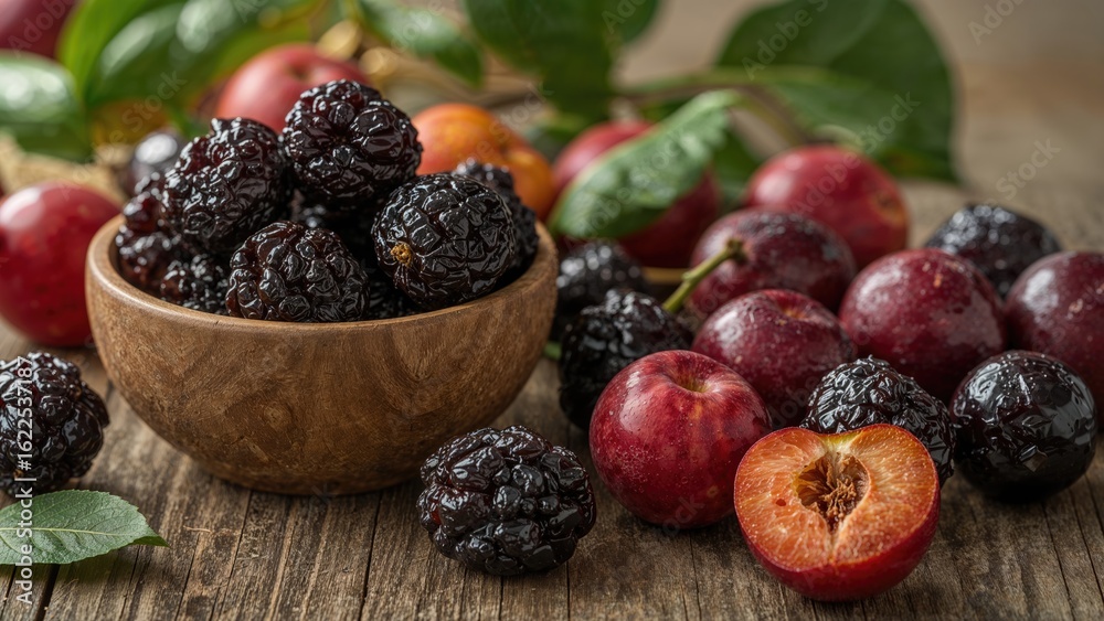 Close-up of preserved and ripe plums arranged in a wooden container and on a tabletop. Close-up of preserved and ripe plums arranged in a wooden container and on a tabletop.
