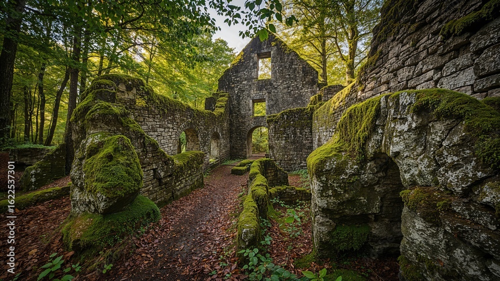 Obraz premium Ancient Remains Amidst a Lush Forest Setting, Nature, Exploration, Scenic, Verdant, Moss-Covered, Daytime, Popular Destination, Historic Site, Rural