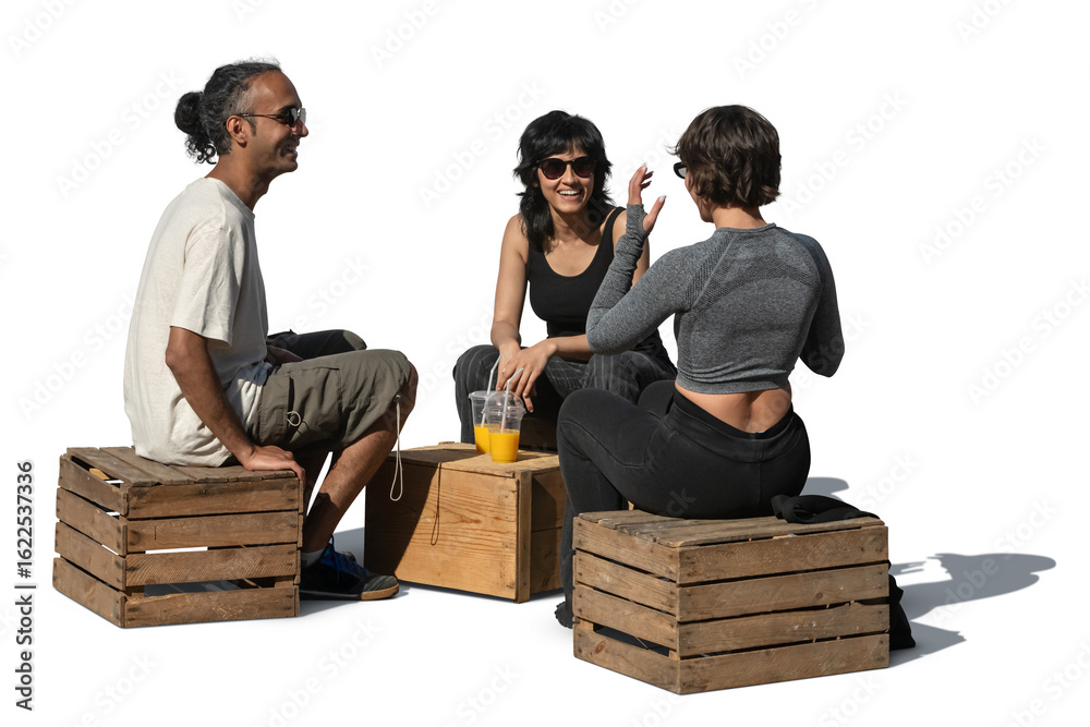 © Martin - Multinational group of people sitting on wooden boxes in a casual hipster outdoor cafe and talking, isolated on transparent and white background © Martin - Multinational group of people sitting on wooden boxes in a casual hipster outdoor cafe and talking, isolated on transparent and white background