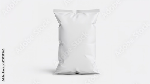 Blank white foil pillow bag for snacks on a white backdrop. Packaging design mockup set with clipping path. Chips packaging shown from the rear.