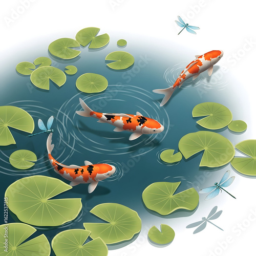 Koi fish swim gracefully amongst lily pads
