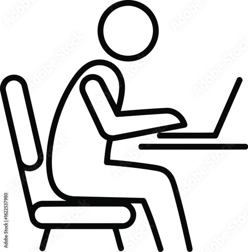 Vector art of line drawing of a person sitting at a desk working on a laptop for business or education purposes in an office