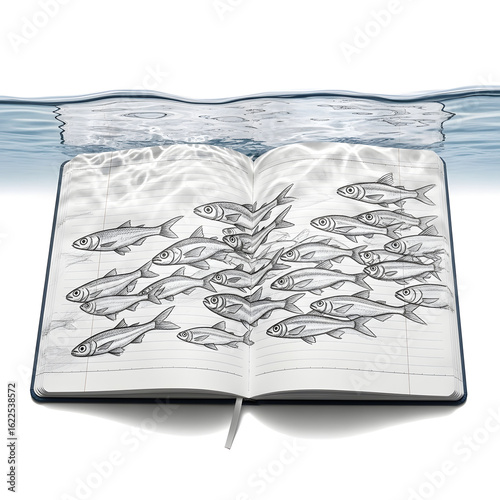 School of fish swimming from notebook