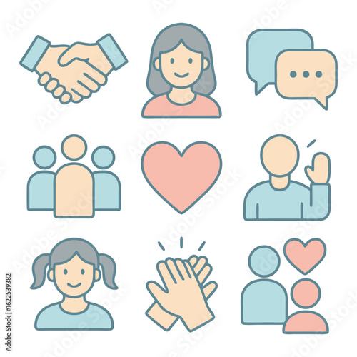 Human interaction and empathy icons. Flat vector set of people, emotions, support and communication