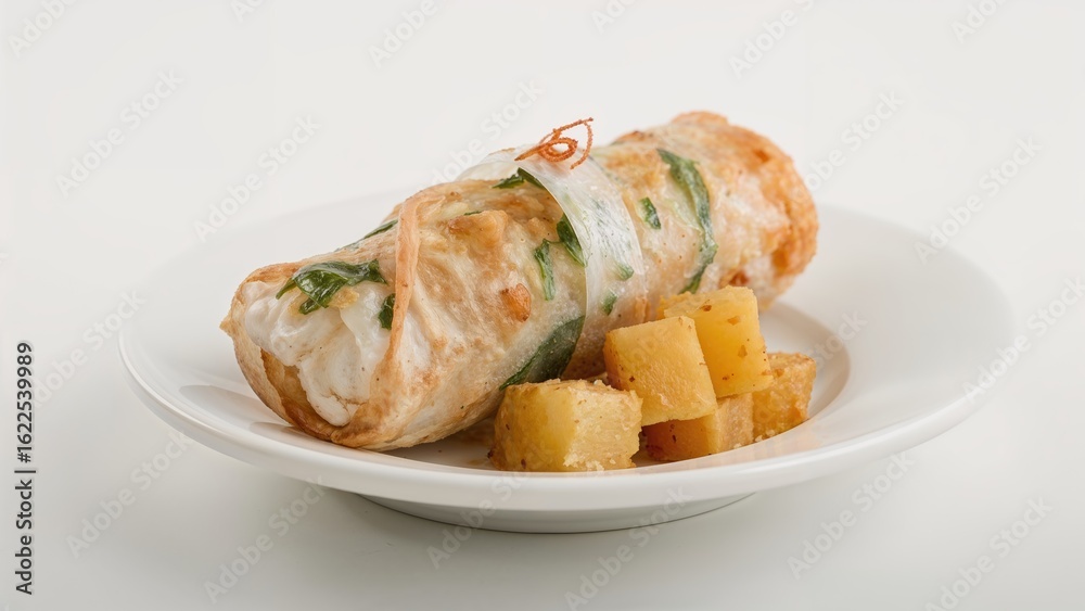 Crispy rolls filled with shrimp, spicy mentaiko, and mashed potatoes Crispy rolls filled with shrimp, spicy mentaiko, and mashed potatoes