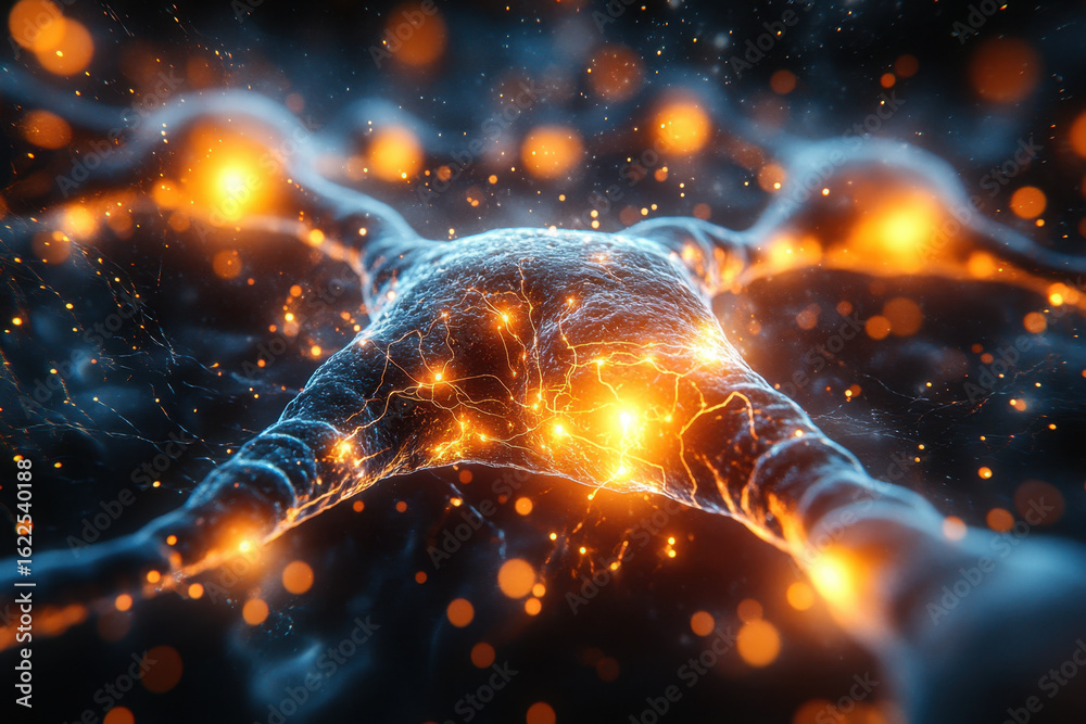 Obraz premium Close-up: Glowing orange and blue molecule.