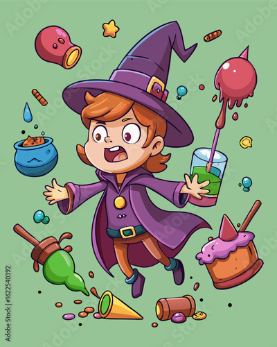 Funny Clumsy Witch Dropping Potions and Candy – Cute Halloween Cartoon Illustration