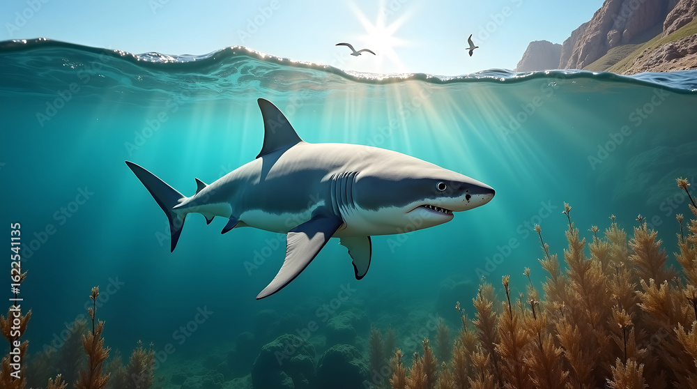 Obraz premium Great white shark swimming in the ocean, view from underwater. Sunlight and marine life.